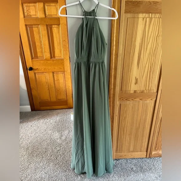 slim fit dress slacks Chi Chi Halter Neck Satin Maxi Dress in Sage in Green, Size 16